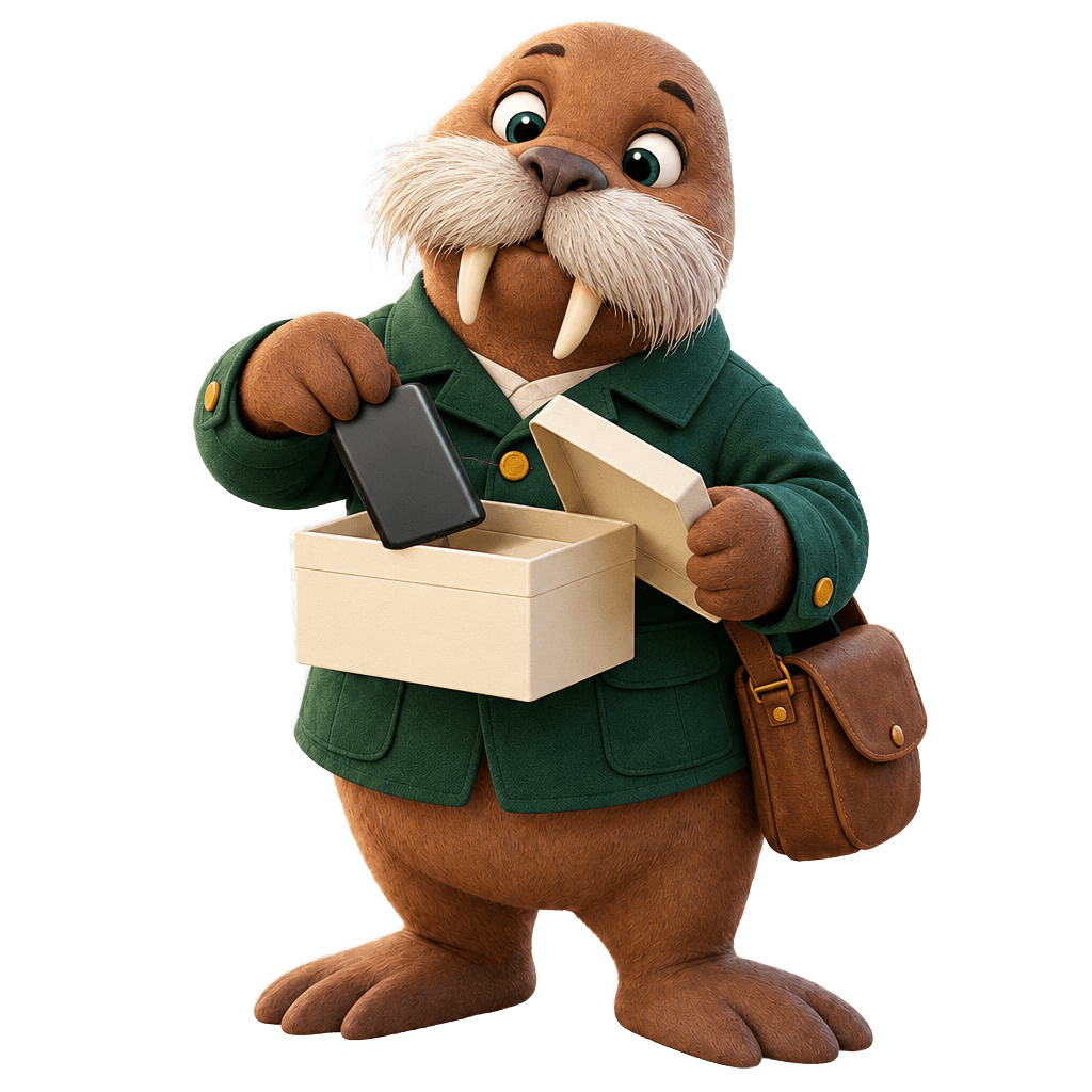 Howy the walrus putting a hard drive into a storage box