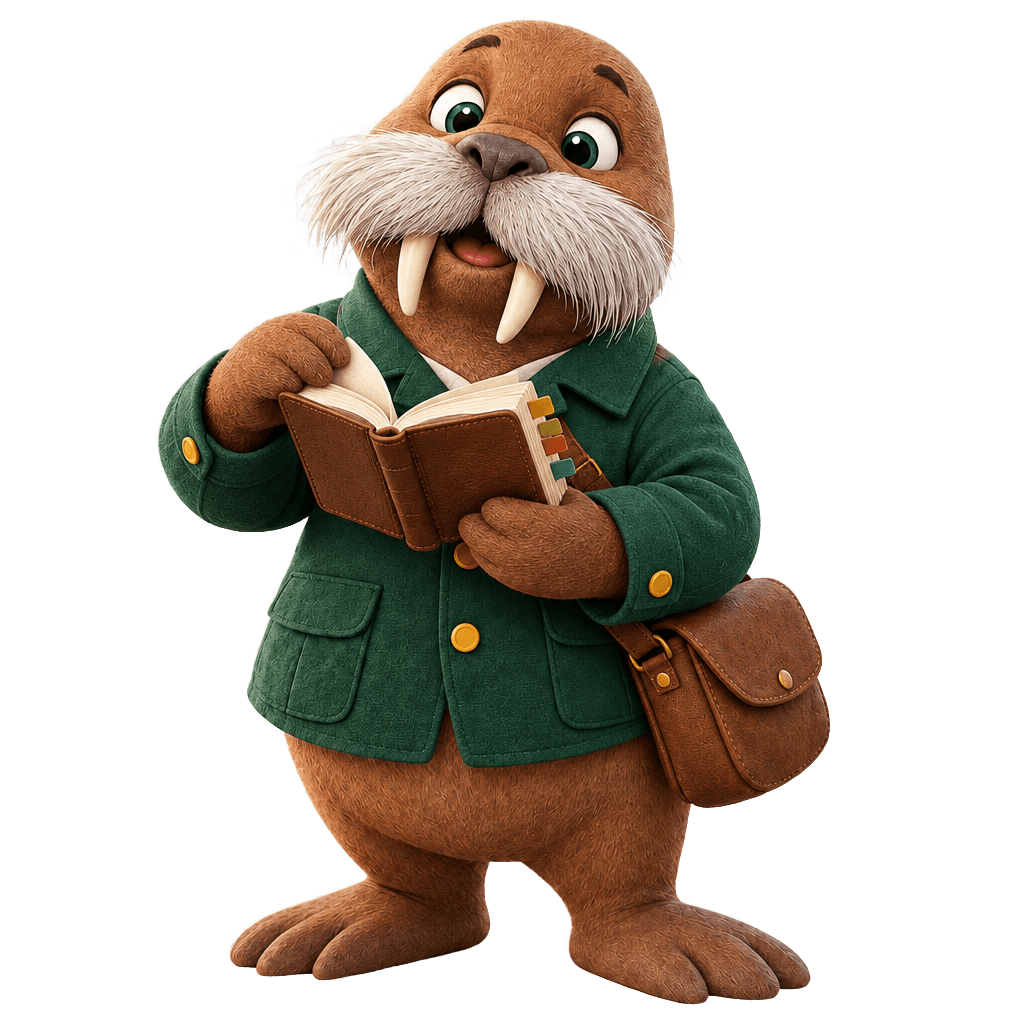 Howy the walrus reading a thick book with coloured tabs