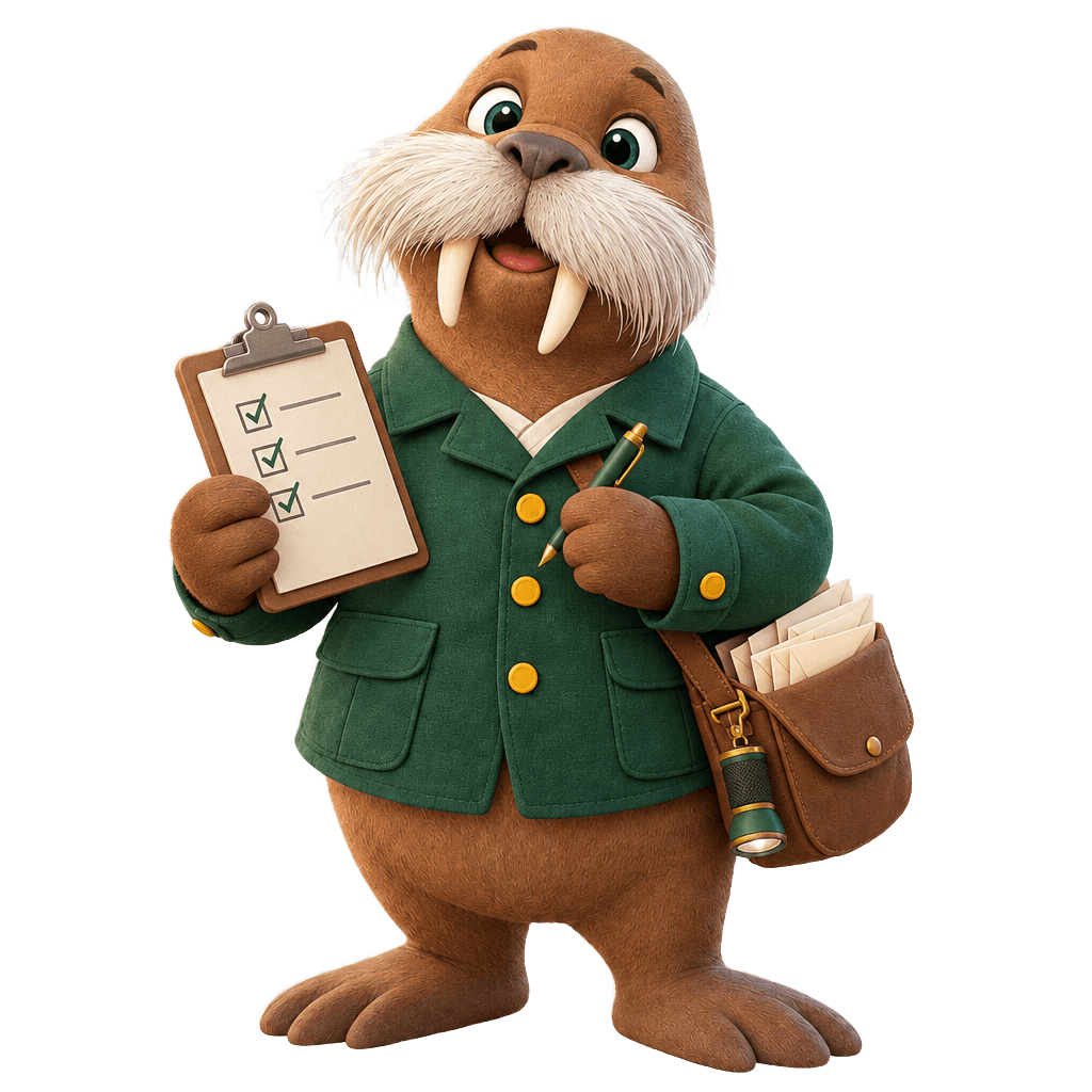 Howy the walrus holding a clipboard with a checklist