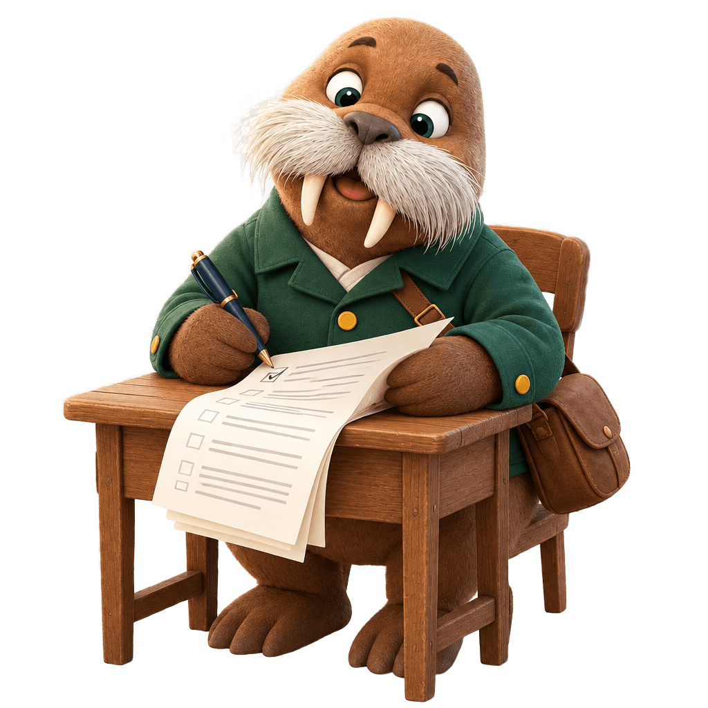 Howy the walrus at a desk ticking boxes on a long paper form