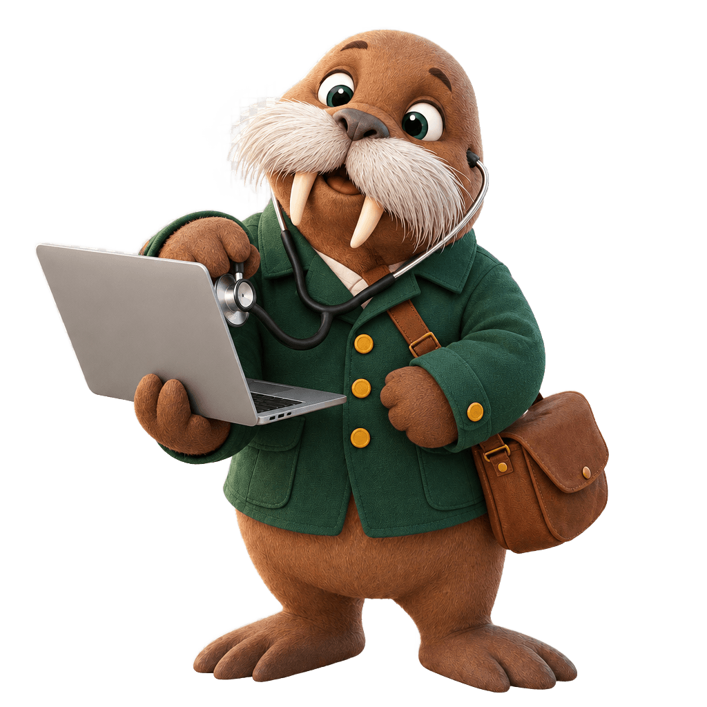 Howy the walrus checking a laptop with a stethoscope