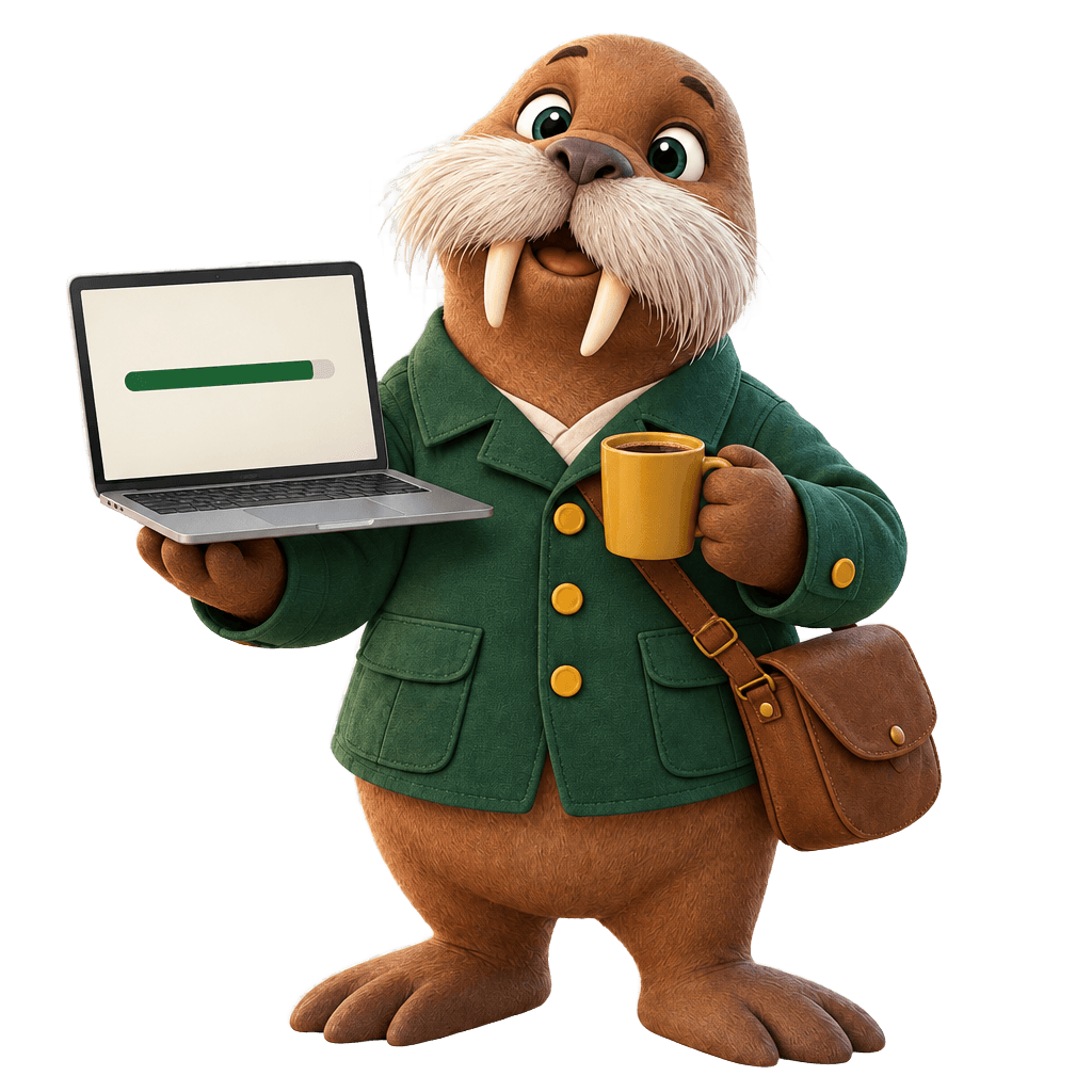 Howy the walrus with a coffee mug, watching a laptop install an update