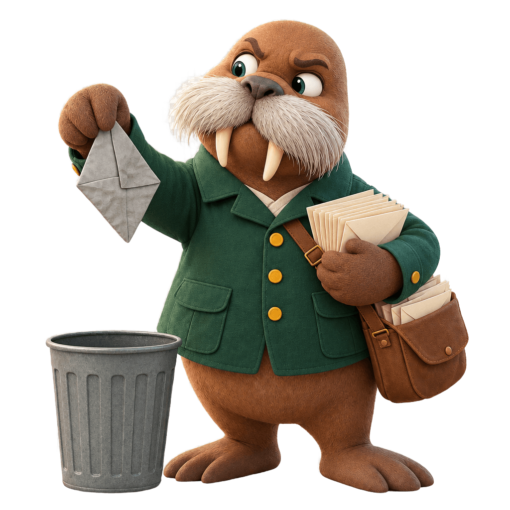 Howy the walrus dropping a suspicious envelope in the bin