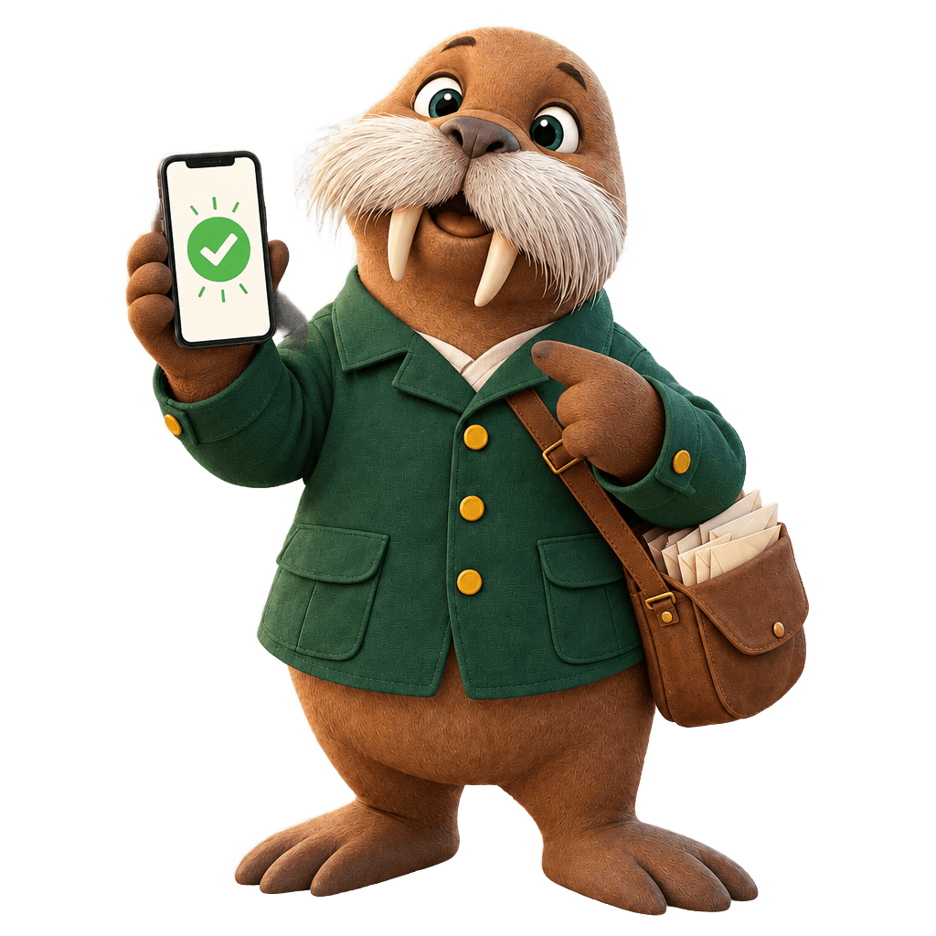 Howy the walrus holding up a phone with a green check mark