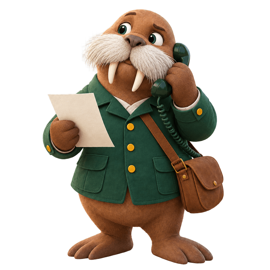 Howy the walrus holding an invoice and phoning to check it