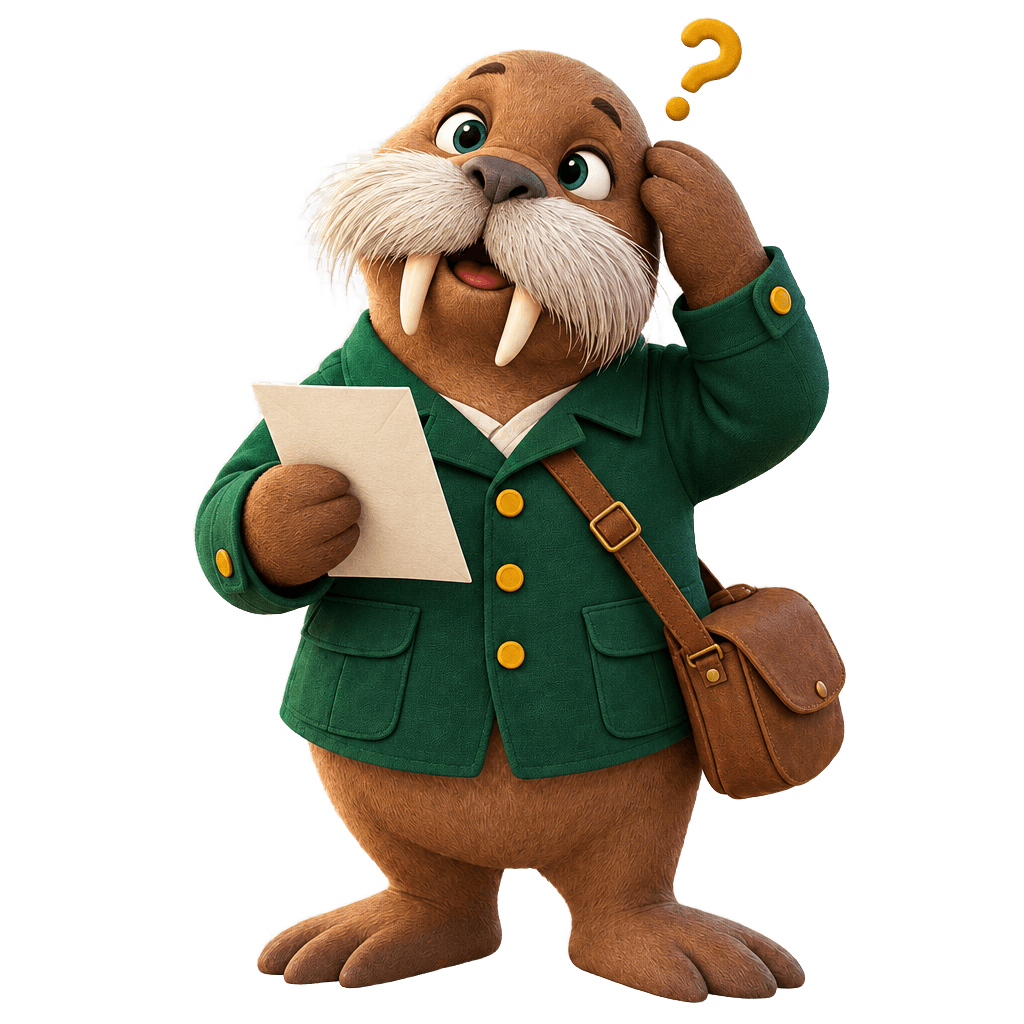 Howy the walrus holding a form and scratching his head