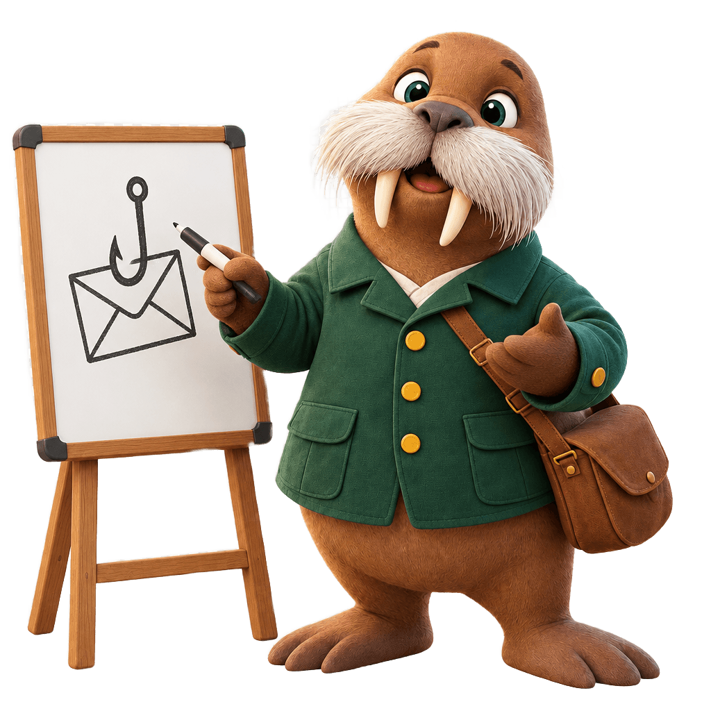 Howy the walrus at a whiteboard teaching how to spot a phishing email