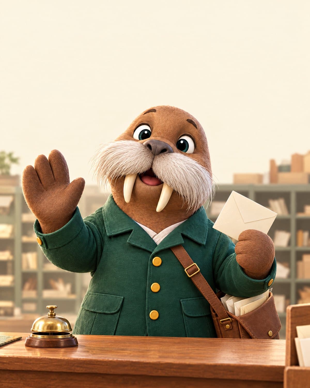 Howy the walrus mail carrier waving hello from behind a post office counter, holding a letter