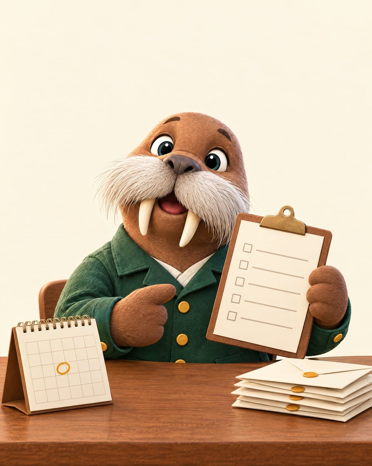 Howy the walrus mail carrier looking over a stack of letters at the post office counter